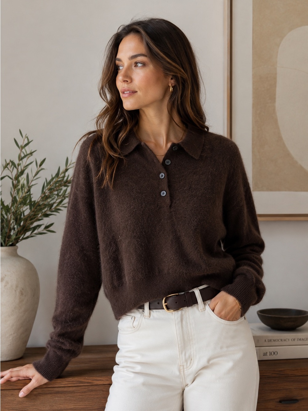 Everlane Lush Cashmere Cropped Polo Sweater Raven Brown Sz Large